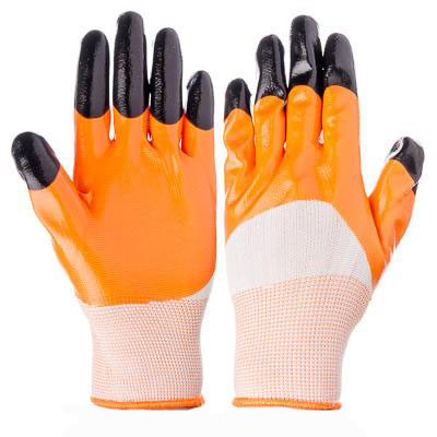 Перчатки нейлон оранжевый, синий с черными пальцами (12/960)